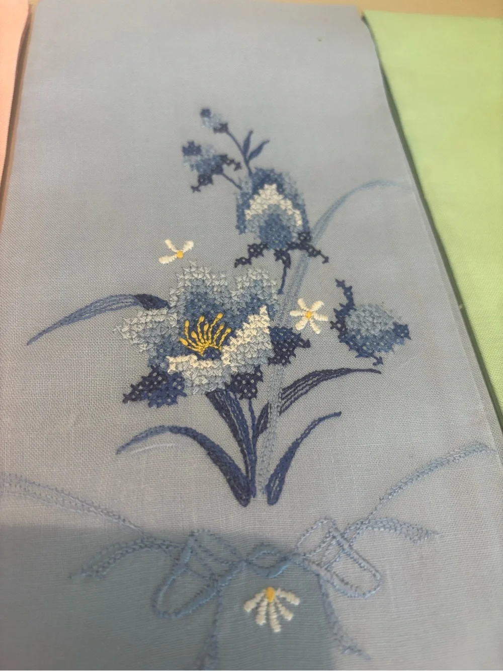 3 Floral Embroidered Linen kitchen bath napkin vintage blue pink  pastel hand